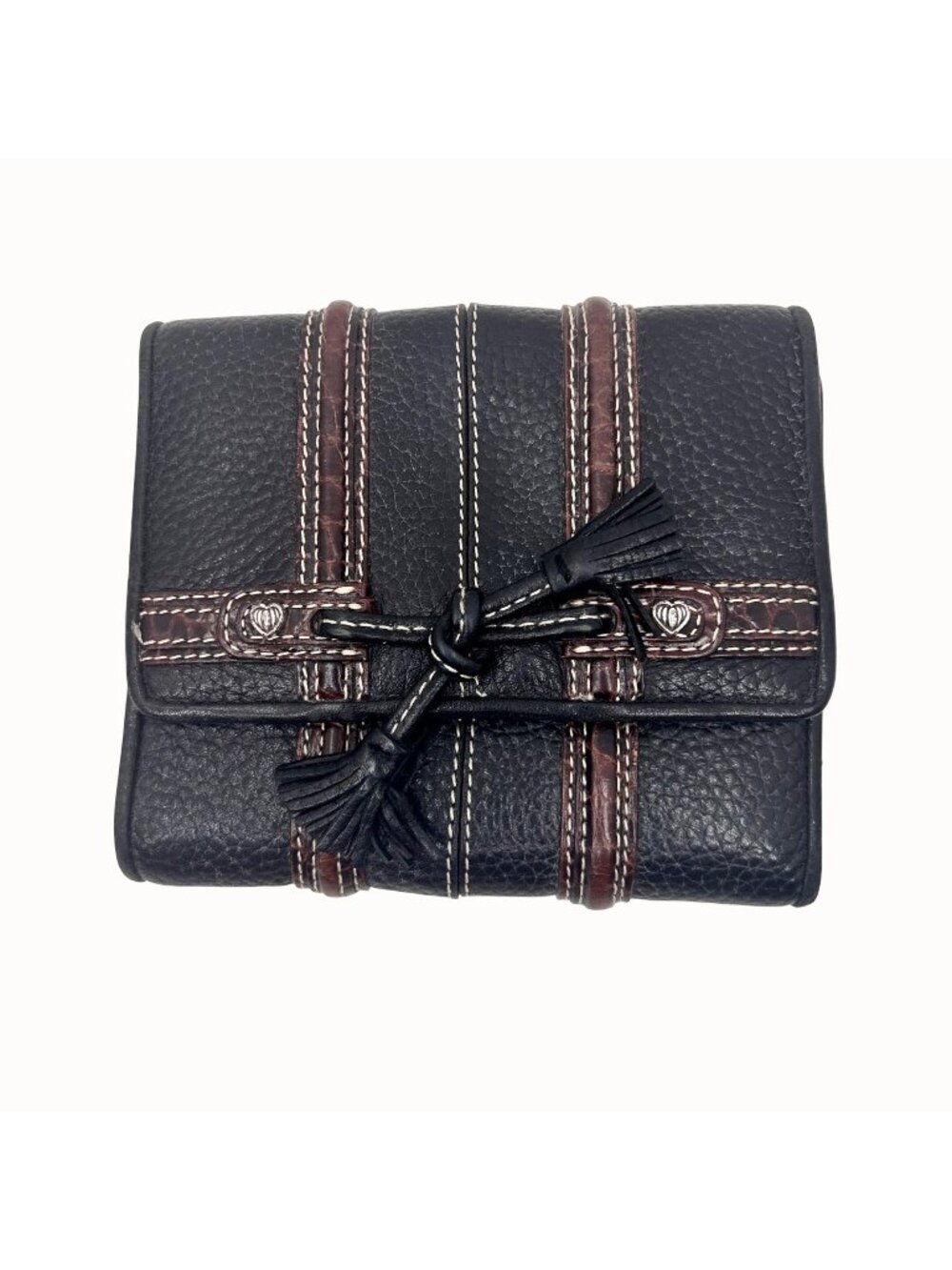BRIGHTON BLACK & BROWN PEBBLED & CROC LEATHER TASSEL FOLDING WALLET